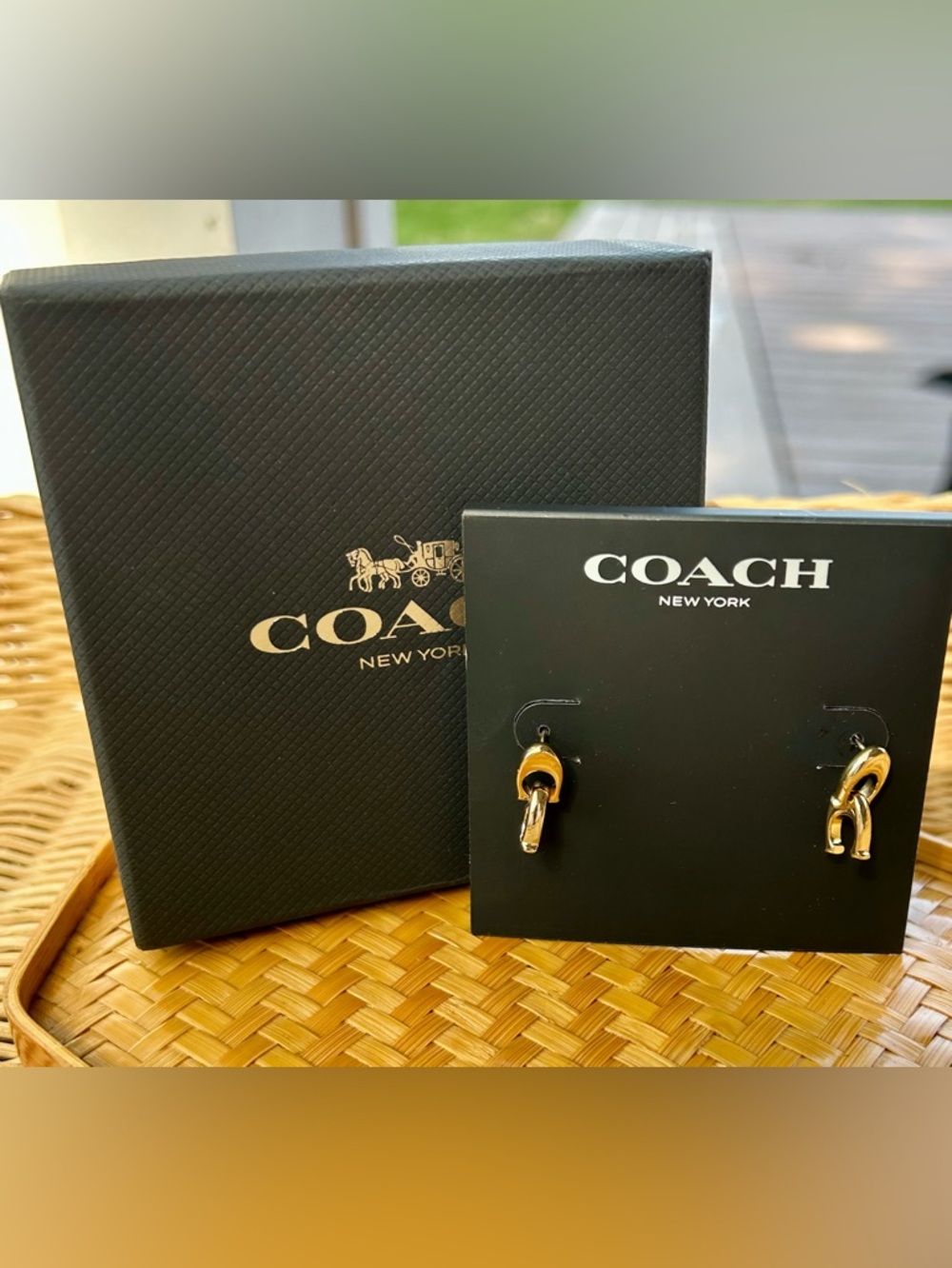Coach New York Gold Signature C Double Drop Earrings NWT and Coach Gift Box